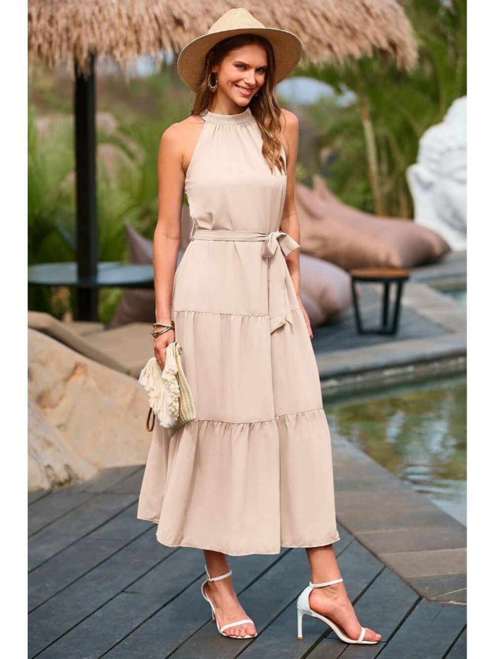 Women's Solid Beige Sleeveless Halter Neck High Waist Backless Maxi Dress - Picture 4 of 6